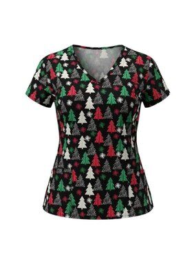 Christmas Tree Print V-Neck Scrub Top With Side Ties Womens Size M By Cassandra